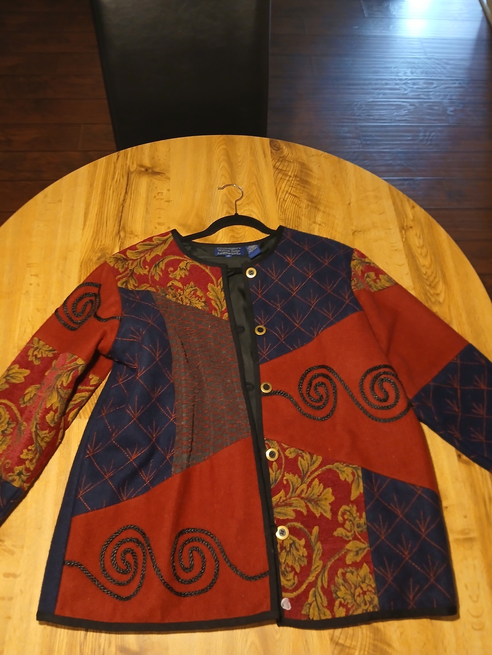 Willow Ridge Red and Navy Patchwork Embroidered Blazer